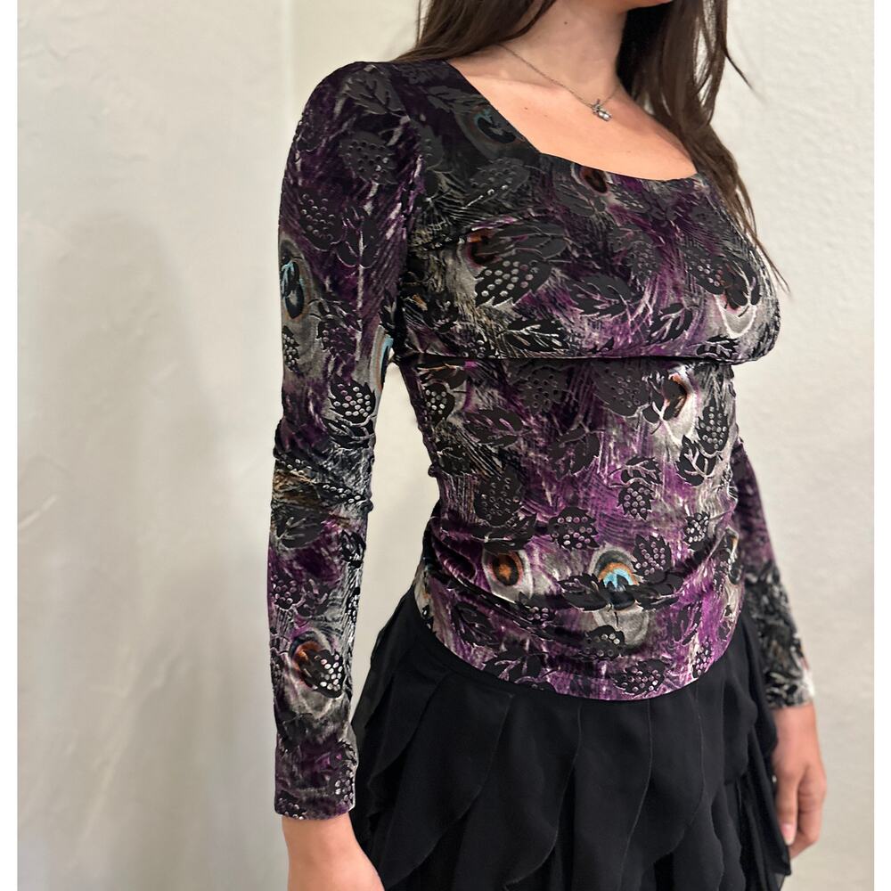 Donna Women's XS Top Purple Plum Velvet Burnout Vintage Floral